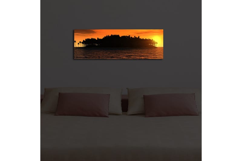 Canvastavla med LED-belysning 30x90 cm - Solnedgång över en tropisk ö med palmer - Orange / Svart / Guld - Inredning - Tavlor & posters - Canvastavla