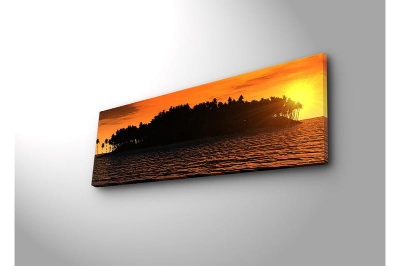 Canvastavla med LED-belysning 30x90 cm - Solnedgång över en tropisk ö med palmer - Orange / Svart / Guld - Inredning - Tavlor & posters - Canvastavla