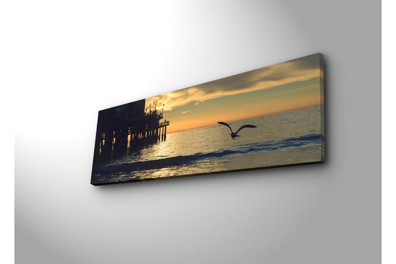 Canvastavla med LED-belysning 30x90 cm - Solnedgång över havet med en fågel i flykt - Orange / Blå / Grå - Inredning - Tavlor & posters - Canvastavla