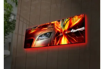 Canvastavla med LED-belysning 30x90 cm - Sportbil i rörelse med dynamiska ljuseffekter - Röd / Orange / Svart - Inredning - Tavlor & posters - Canvastavla