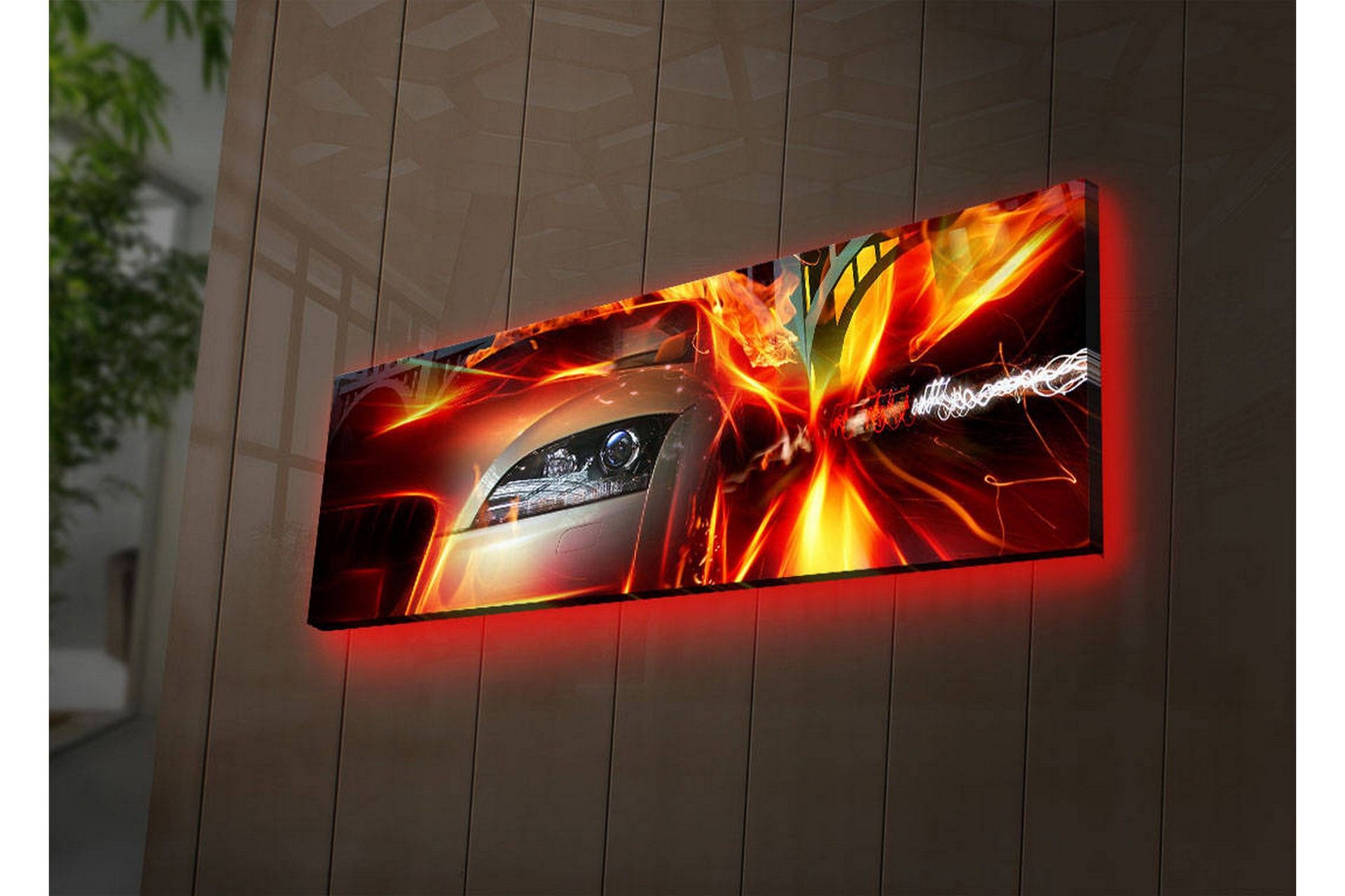 Canvastavla med LED-belysning 30x90 cm - Sportbil i rörelse med dynamiska ljuseffekter - Röd / Orange / Svart