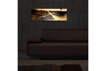 Canvastavla med LED-belysning 30x90 cm - Stämningsfull strandlandskap med hav och berg i bakgrunden - Guld / Brunt / Svart - Inredning - Tavlor & posters - Canvastavla