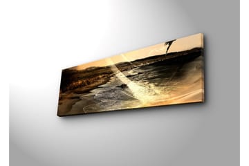 Canvastavla med LED-belysning 30x90 cm - Stämningsfull strandlandskap med hav och berg i bakgrunden - Guld / Brunt / Svart - Inredning - Tavlor & posters - Canvastavla