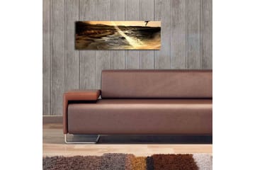 Canvastavla med LED-belysning 30x90 cm - Stämningsfull strandlandskap med hav och berg i bakgrunden - Guld / Brunt / Svart - Inredning - Tavlor & posters - Canvastavla