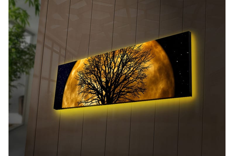 Canvastavla med LED-belysning 30x90 cm - Stämningsfullt motiv av en måne bakom ett silhuett av ett träd - Guld / Svart - Inredning - Tavlor & posters - Canvastavla