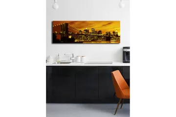 Canvastavla med LED-belysning 30x90 cm - Stadssilhuett med bro i solnedgångens gyllene ljus - Guld / Svart / Orange - Inredning - Tavlor & posters - Canvastavla