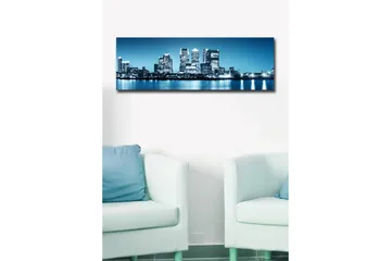 Canvastavla med LED-belysning 30x90 cm - Stadssilhuett med moderna skyskrapor vid en vattenkant - Blå / Svart / Vit - Inredning - Tavlor & posters - Canvastavla