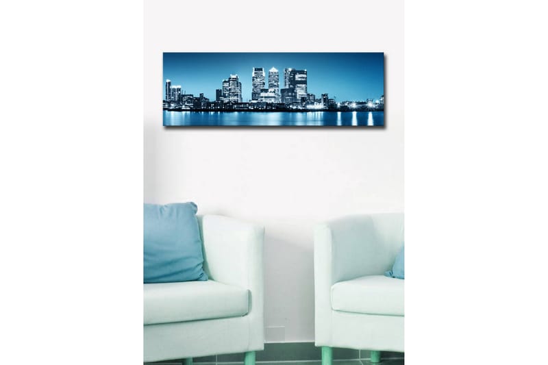 Canvastavla med LED-belysning 30x90 cm - Stadssilhuett med moderna skyskrapor vid en vattenkant - Blå / Svart / Vit - Inredning - Tavlor & posters - Canvastavla