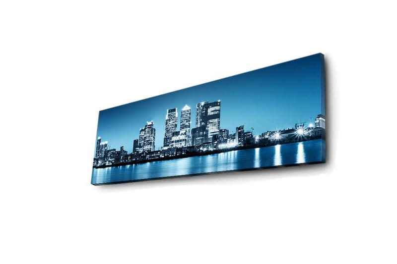 Canvastavla med LED-belysning 30x90 cm - Stadssilhuett med moderna skyskrapor vid en vattenkant - Blå / Svart / Vit - Inredning - Tavlor & posters - Canvastavla