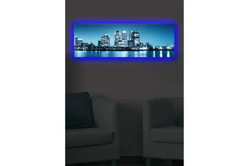 Canvastavla med LED-belysning 30x90 cm - Stadssilhuett med moderna skyskrapor vid en vattenkant - Blå / Svart / Vit - Inredning - Tavlor & posters - Canvastavla