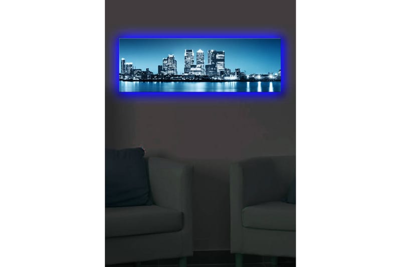 Canvastavla med LED-belysning 30x90 cm - Stadssilhuett med moderna skyskrapor vid en vattenkant - Blå / Svart / Vit - Inredning - Tavlor & posters - Canvastavla