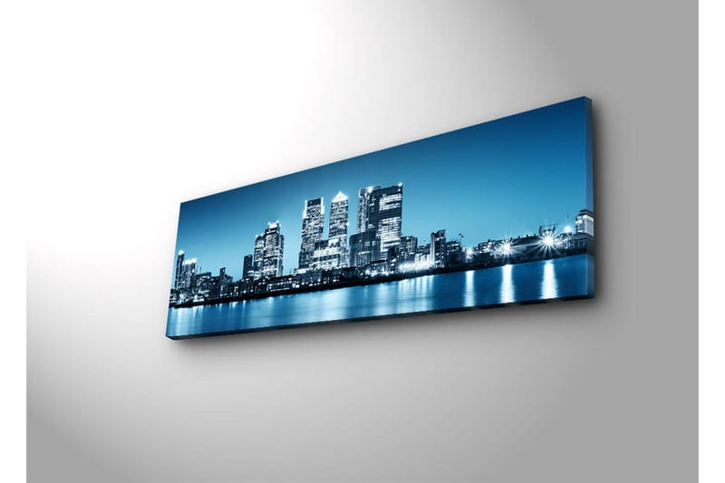 Canvastavla med LED-belysning 30x90 cm - Stadssilhuett med moderna skyskrapor vid en vattenkant - Blå / Svart / Vit - Inredning - Tavlor & posters - Canvastavla
