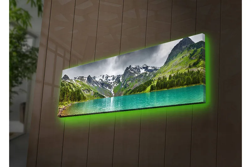 Canvastavla med LED-belysning 30x90 cm - Storslagen berglandskap med en glittrande sjö, Turkos / Grön / Grå