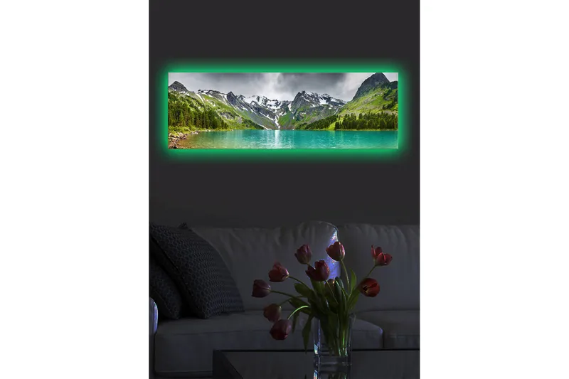 Canvastavla med LED-belysning 30x90 cm - Storslagen berglandskap med en glittrande sjö - Turkos / Grön / Grå - Inredning - Tavlor & posters - Canvastavla