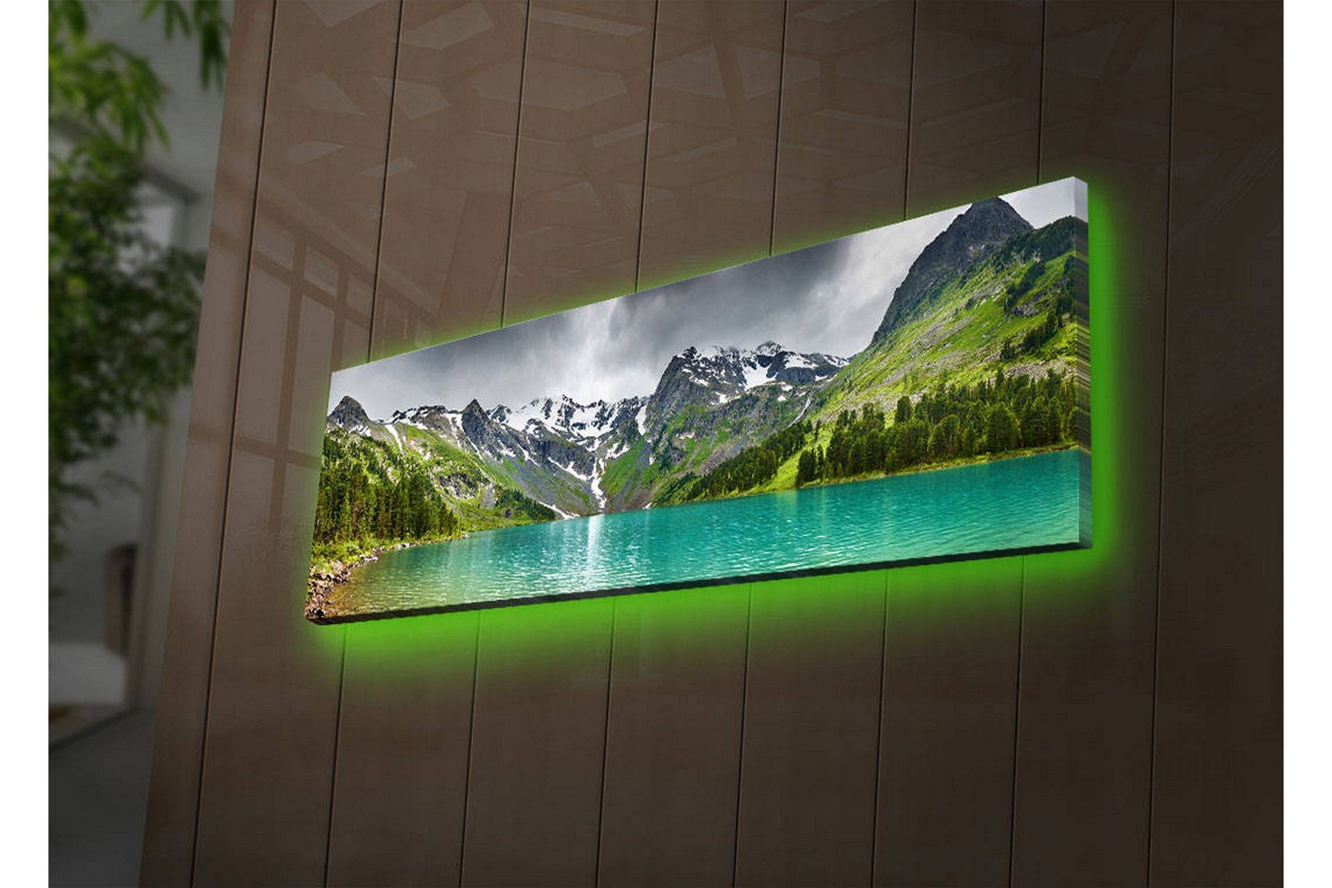 Canvastavla med LED-belysning 30x90 cm - Storslagen berglandskap med en glittrande sjö - Turkos / Grön / Grå