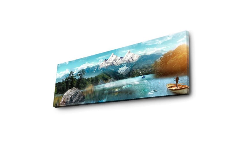 Canvastavla med LED-belysning 30x90 cm - Storslagen fjällandskap med en fiskare i en båt på en spegelblanka sjö - Blå / Grön / Vit - Inredning - Tavlor & posters - Canvastavla