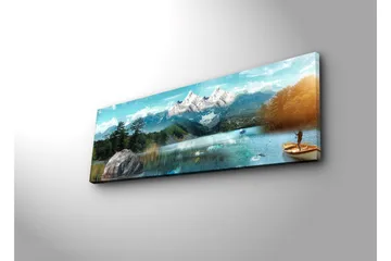 Canvastavla med LED-belysning 30x90 cm - Storslagen fjällandskap med en fiskare i en båt på en spegelblanka sjö - Blå / Grön / Vit - Inredning - Tavlor & posters - Canvastavla