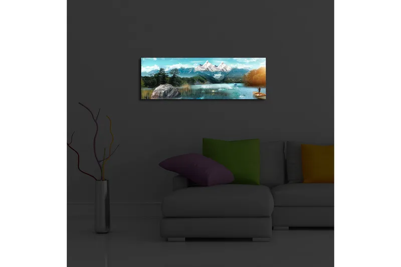 Canvastavla med LED-belysning 30x90 cm - Storslagen fjällandskap med en fiskare i en båt på en spegelblanka sjö - Blå / Grön / Vit - Inredning - Tavlor & posters - Canvastavla