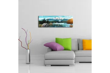 Canvastavla med LED-belysning 30x90 cm - Storslagen fjällandskap med en fiskare i en båt på en spegelblanka sjö - Blå / Grön / Vit - Inredning - Tavlor & posters - Canvastavla