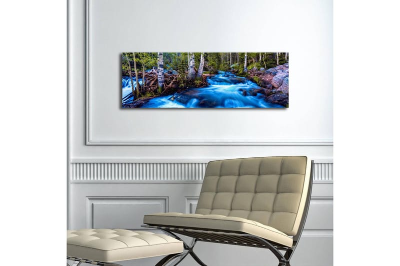 Canvastavla med LED-belysning 30x90 cm - Strömmande vatten i en naturskön miljö med omgivande träd - Blå / Grön / Brun - Inredning - Tavlor & posters - Canvastavla