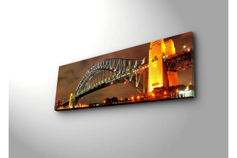 Canvastavla med LED-belysning 30x90 cm - Sydney Harbour Bridge i kvällsbelysning - Guld / Grön / Svart - Inredning - Tavlor & posters - Canvastavla
