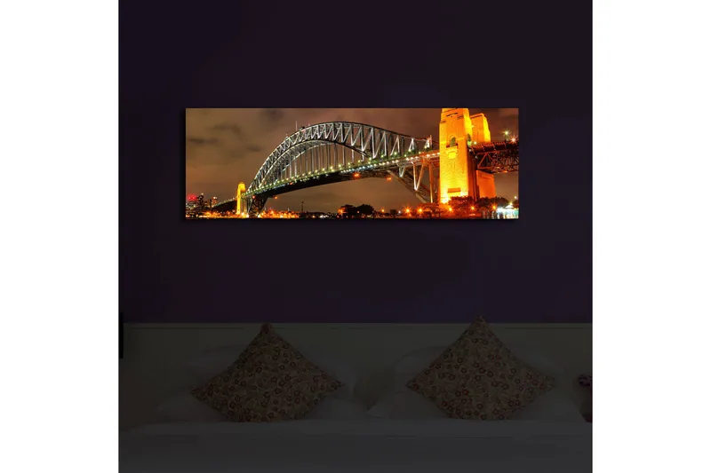 Canvastavla med LED-belysning 30x90 cm - Sydney Harbour Bridge i kvällsbelysning - Guld / Grön / Svart - Inredning - Tavlor & posters - Canvastavla