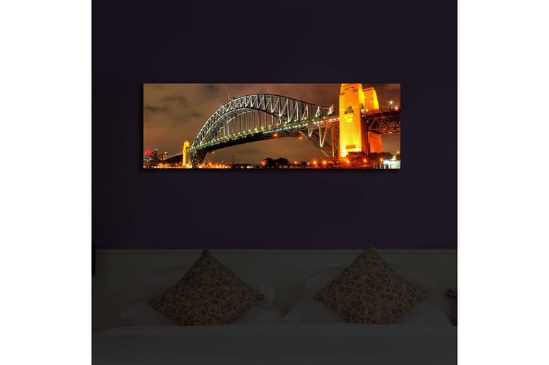 Canvastavla med LED-belysning 30x90 cm - Sydney Harbour Bridge i kvällsbelysning - Guld / Grön / Svart - Inredning - Tavlor & posters - Canvastavla