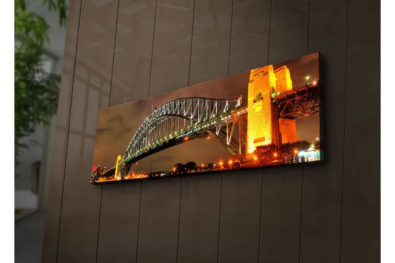 Canvastavla med LED-belysning 30x90 cm - Sydney Harbour Bridge i kvällsbelysning - Guld / Grön / Svart - Inredning - Tavlor & posters - Canvastavla