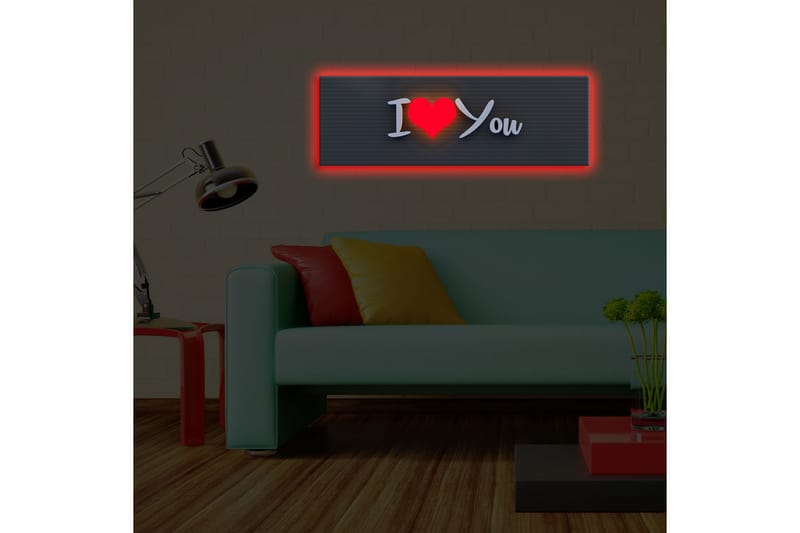 Canvastavla med LED-belysning 30x90 cm - Text med budskapet I Love You i en modern stil - Röd / Vit / Svart - Inredning - Tavlor & posters - Canvastavla
