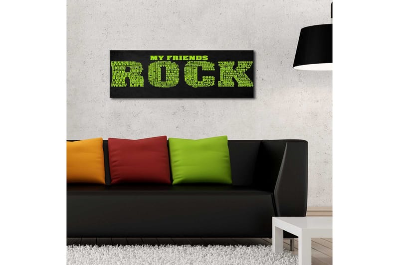 Canvastavla med LED-belysning 30x90 cm - Textbaserat konstverk med budskapet MY FRIENDS ROCK i stora, färgglada bokstäver - Grön / Svart - Inredning - Tavlor & posters - Canvastavla