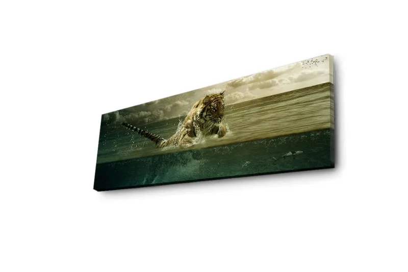Canvastavla med LED-belysning 30x90 cm - Tiger som hoppar ur vattnet - Grön / Beige / Brun - Inredning - Tavlor & posters - Canvastavla