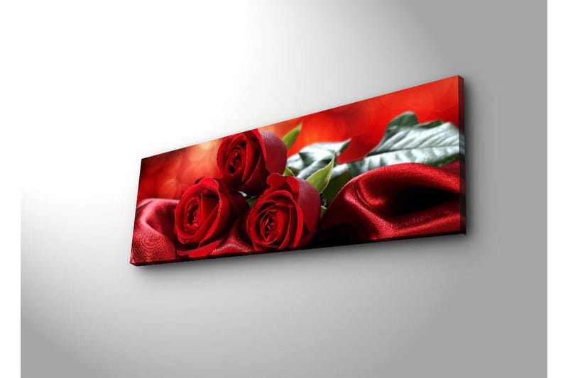 Canvastavla med LED-belysning 30x90 cm - Tre röda rosor på en mjuk, röd satinbakgrund - Röd / Grön - Inredning - Tavlor & posters - Canvastavla