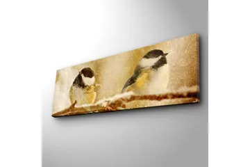 Canvastavla med LED-belysning 30x90 cm - Två fåglar på en gren i vinterlandskap - Beige / Svart / Vit - Inredning - Tavlor & posters - Canvastavla
