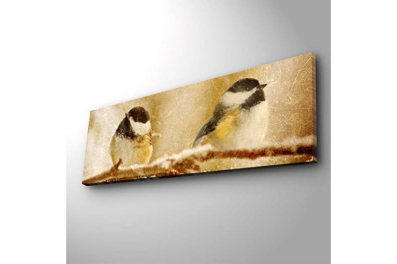 Canvastavla med LED-belysning 30x90 cm - Två fåglar på en gren i vinterlandskap - Beige / Svart / Vit - Inredning - Tavlor & posters - Canvastavla