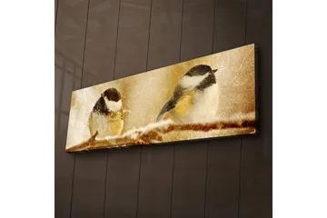 Canvastavla med LED-belysning 30x90 cm - Två fåglar på en gren i vinterlandskap - Beige / Svart / Vit - Inredning - Tavlor & posters - Canvastavla