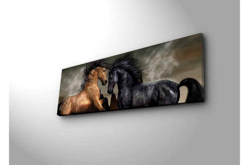 Canvastavla med LED-belysning 30x90 cm - Två hästar som möts i en kraftfull och dramatisk komposition - Guld / Svart / Grå - Inredning - Tavlor & posters - Canvastavla