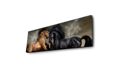 Canvastavla med LED-belysning 30x90 cm - Två hästar som möts i en kraftfull och dramatisk komposition - Guld / Svart / Grå - Inredning - Tavlor & posters - Canvastavla