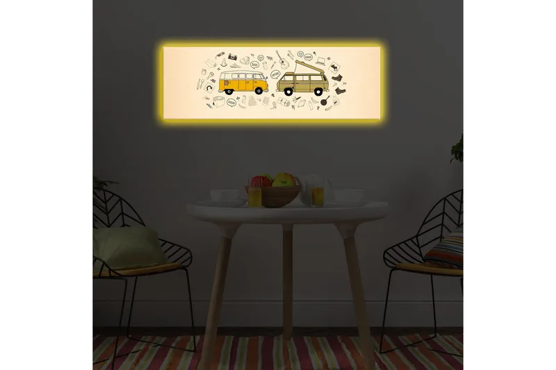 Canvastavla med LED-belysning 30x90 cm - Två vintage skåpbilar omgivna av olika symboler och ikoner - Gul / Beige / Svart - Inredning - Tavlor & posters - Canvastavla