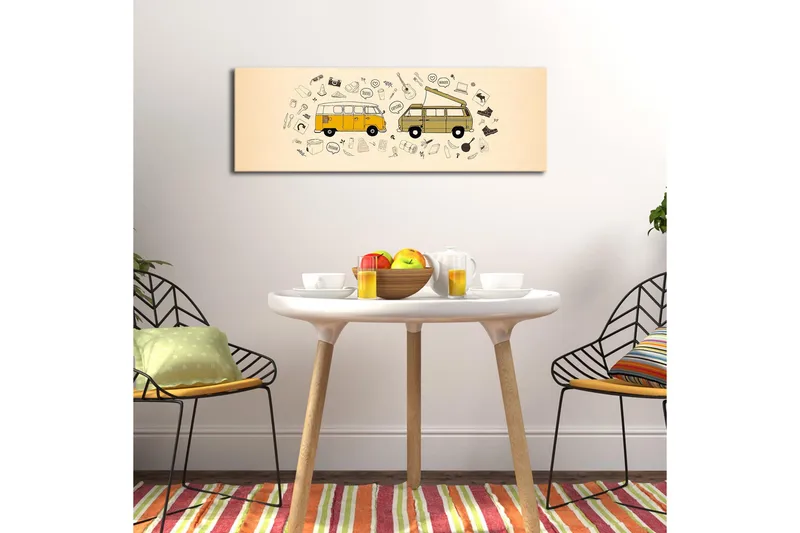 Canvastavla med LED-belysning 30x90 cm - Två vintage skåpbilar omgivna av olika symboler och ikoner - Gul / Beige / Svart - Inredning - Tavlor & posters - Canvastavla