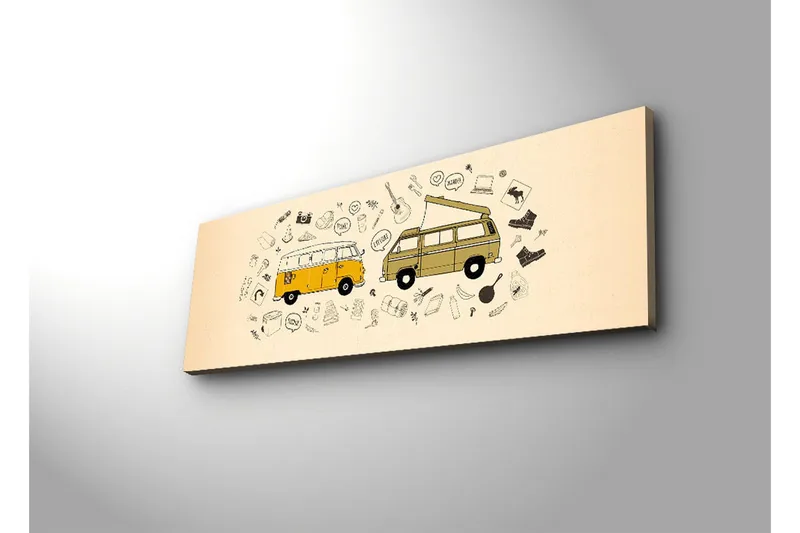Canvastavla med LED-belysning 30x90 cm - Två vintage skåpbilar omgivna av olika symboler och ikoner - Gul / Beige / Svart - Inredning - Tavlor & posters - Canvastavla