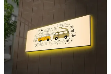 Canvastavla med LED-belysning 30x90 cm - Två vintage skåpbilar omgivna av olika symboler och ikoner - Gul / Beige / Svart - Inredning - Tavlor & posters - Canvastavla