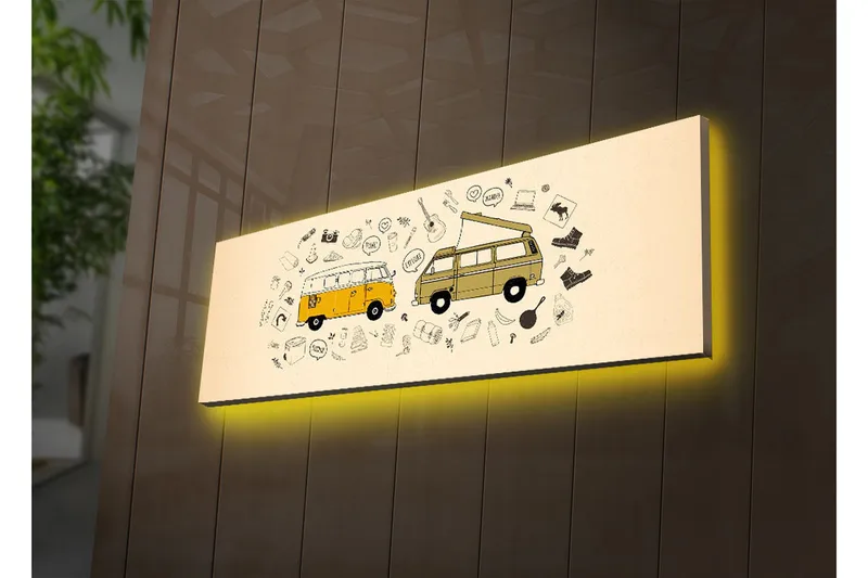 Canvastavla med LED-belysning 30x90 cm - Två vintage skåpbilar omgivna av olika symboler och ikoner - Gul / Beige / Svart - Inredning - Tavlor & posters - Canvastavla