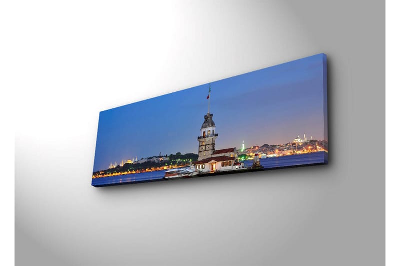 Canvastavla med LED-belysning 30x90 cm - Utsikt över en historisk fyr vid havet i skymningstimmen - Blå / Vit / Grå - Inredning - Tavlor & posters - Canvastavla