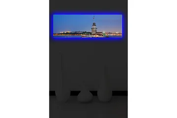 Canvastavla med LED-belysning 30x90 cm - Utsikt över en historisk fyr vid havet i skymningstimmen - Blå / Vit / Grå - Inredning - Tavlor & posters - Canvastavla