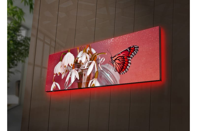 Canvastavla med LED-belysning 30x90 cm - Vacker bukett av snödropper med en färgglad fjäril - Röd / Vit / Grön - Inredning - Tavlor & posters - Canvastavla