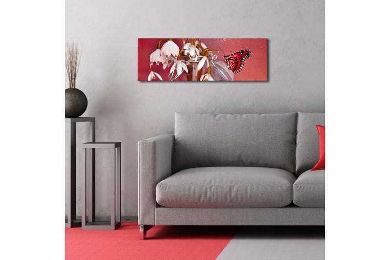 Canvastavla med LED-belysning 30x90 cm - Vacker bukett av snödropper med en färgglad fjäril - Röd / Vit / Grön - Inredning - Tavlor & posters - Canvastavla