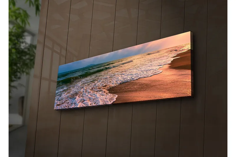 Canvastavla med LED-belysning 30x90 cm - Vacker strand med solnedgång och mjuka vågor - Blå / Orange / Beige - Inredning - Tavlor & posters - Canvastavla