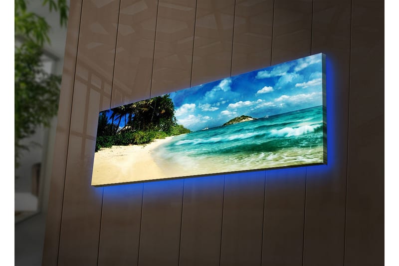 Canvastavla med LED-belysning 30x90 cm - Vacker strand med turkost vatten och palmer, Turkos / Beige / Blå