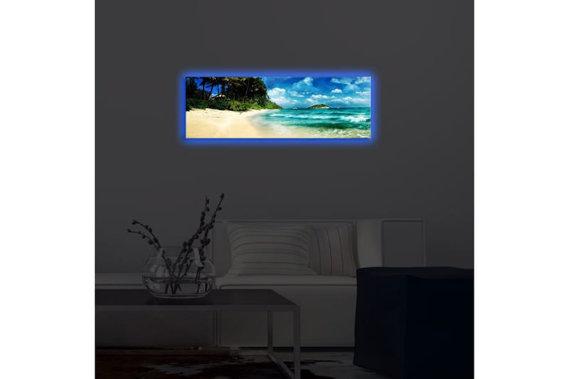 Canvastavla med LED-belysning 30x90 cm - Vacker strand med turkost vatten och palmer - Turkos / Beige / Blå - Inredning - Tavlor & posters - Canvastavla