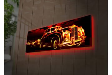 Canvastavla med LED-belysning 30x90 cm - Vintage bil med eldslågor som omger den - Röd / Svart / Orange - Inredning - Tavlor & posters - Canvastavla